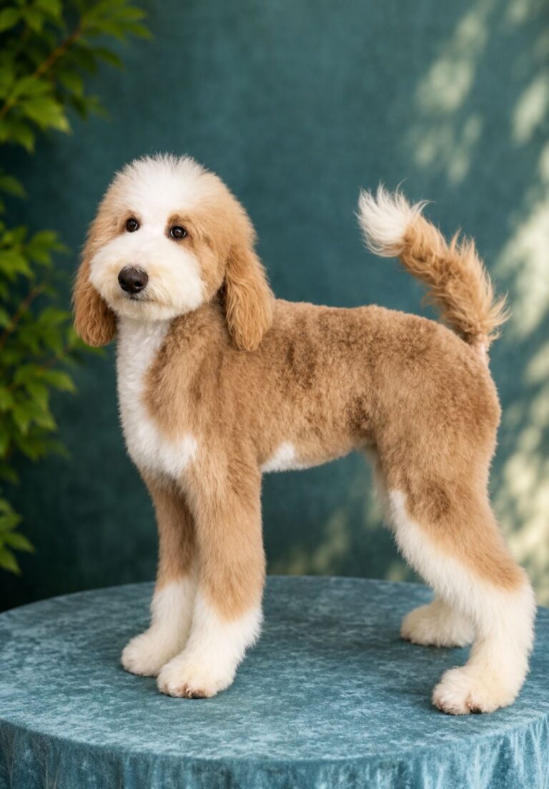 Parti Poodle with apricot and white coat, bred in India