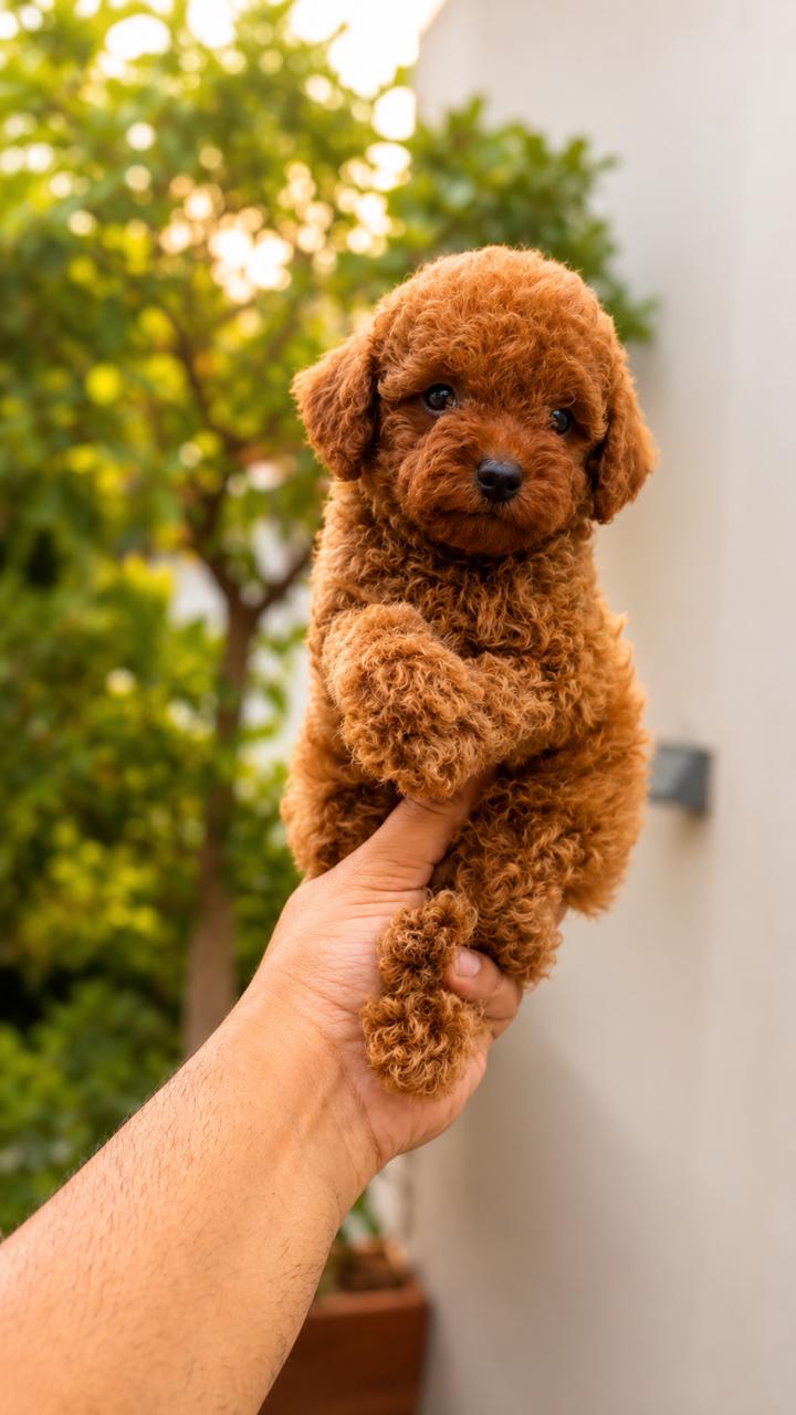 Red Toy Poodle puppy held in hand, bred in India